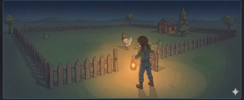 Farmer girl opening a garden gate at night with a lantern; a chicken in a hat inside the fence under starry sky