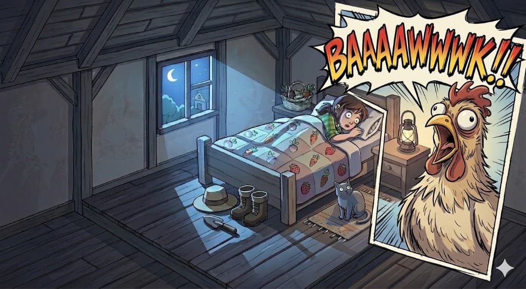 Nighttime attic bedroom: a startled farmer in bed while a comic panel shows a panicked chicken shouting BAAAAWWWWK